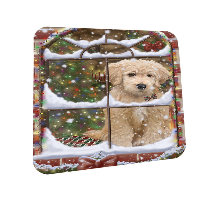 Please Come Home For Christmas Goldendoodle Dog Sitting In Window Coasters Set of 4 CST53589