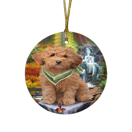 Scenic Waterfall Goldendoodle Dog Round Flat Christmas Ornament RFPOR51882