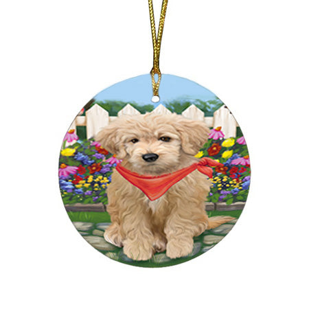 Spring Floral Goldendoodle Dog Round Flat Christmas Ornament RFPOR52247