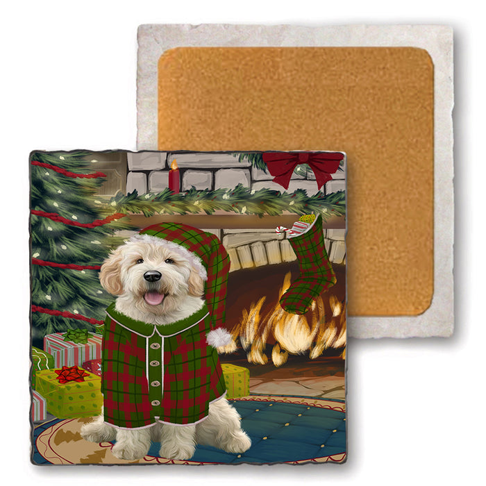 The Stocking was Hung Goldendoodle Dog Set of 4 Natural Stone Marble Tile Coasters MCST50317