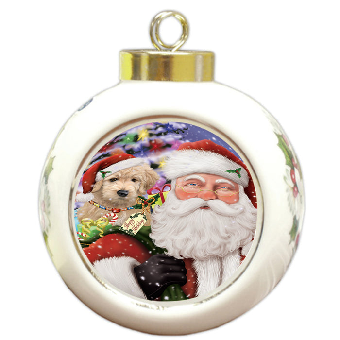 Santa Carrying Goldendoodle Dog and Christmas Presents Round Ball Christmas Ornament RBPOR53687