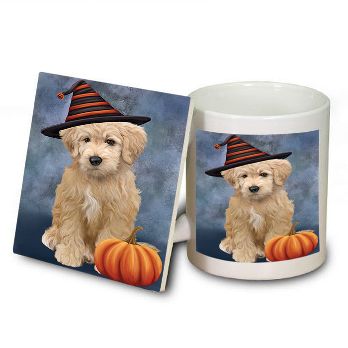 Happy Halloween Goldendoodle Dog Wearing Witch Hat with Pumpkin Mug and Coaster Set MUC54719