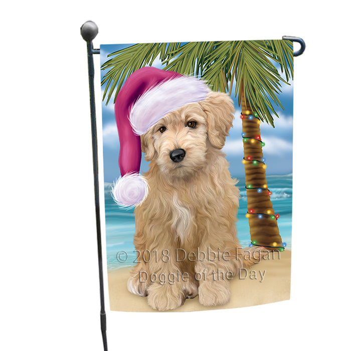 Summertime Happy Holidays Christmas Goldendoodle Dog on Tropical Island Beach Garden Flag GFLG54619