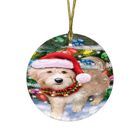 Trotting in the Snow Goldendoodle Dog Round Flat Christmas Ornament RFPOR54701