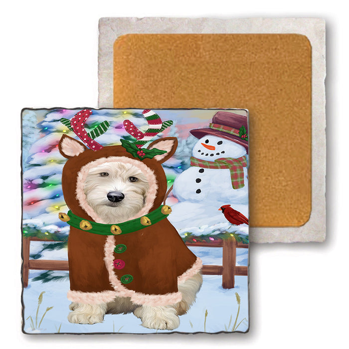 Christmas Gingerbread House Candyfest Goldendoodle Dog Set of 4 Natural Stone Marble Tile Coasters MCST51343