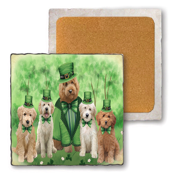 St. Patricks Day Irish Portrait Goldendoodle Dogs Set of 4 Natural Stone Marble Tile Coasters MCST52004
