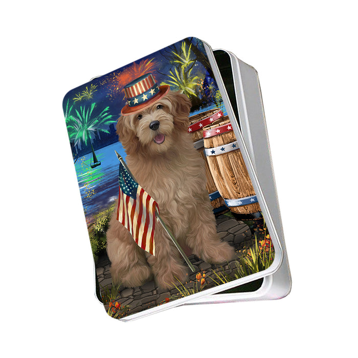 4th of July Independence Day Firework Goldendoodle Dog Photo Storage Tin PITN53991