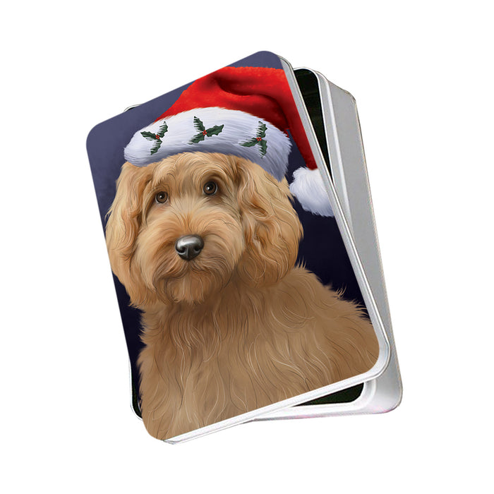 Christmas Holidays Goldendoodle Dog Wearing Santa Hat Portrait Head Photo Storage Tin PITN53496