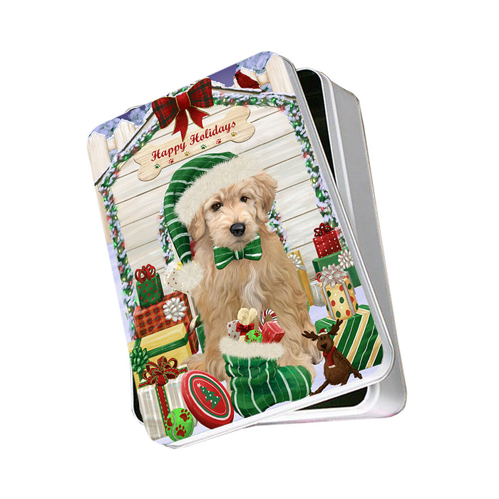 Happy Holidays Christmas Goldendoodle Dog With Presents Photo Storage Tin PITN52655