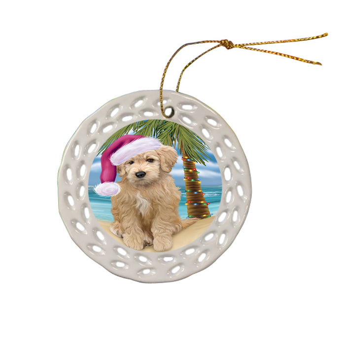 Summertime Happy Holidays Christmas Goldendoodle Dog on Tropical Island Beach Ceramic Doily Ornament DPOR54557