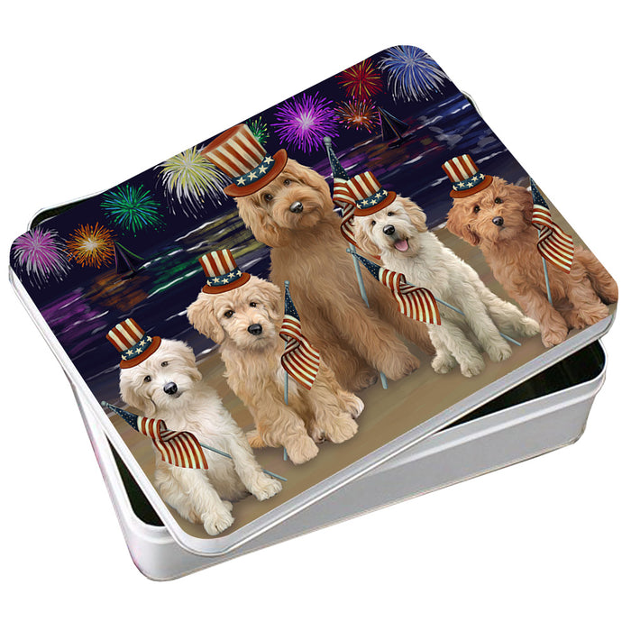 4th of July Independence Day Firework Goldendoodles Dog Photo Storage Tin PITN52430