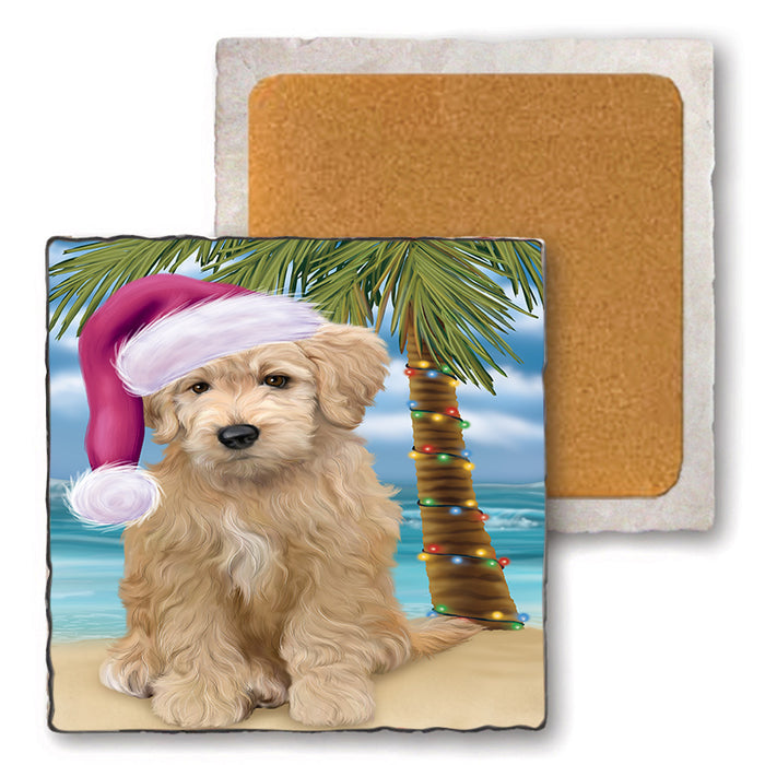 Summertime Happy Holidays Christmas Goldendoodle Dog on Tropical Island Beach Set of 4 Natural Stone Marble Tile Coasters MCST49429