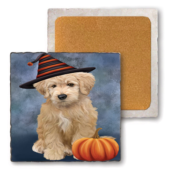 Happy Halloween Goldendoodle Dog Wearing Witch Hat with Pumpkin Set of 4 Natural Stone Marble Tile Coasters MCST49727