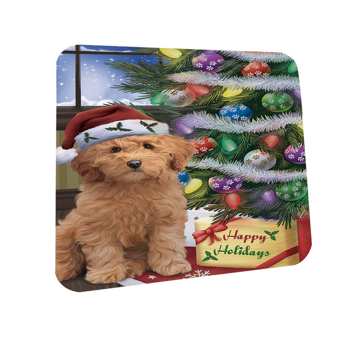Christmas Happy Holidays Goldendoodle Dog with Tree and Presents Coasters Set of 4 CST53415
