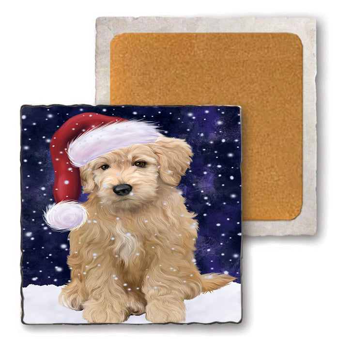 Let it Snow Christmas Holiday Goldendoodle Dog Wearing Santa Hat Set of 4 Natural Stone Marble Tile Coasters MCST49295
