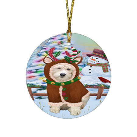 Christmas Gingerbread House Candyfest Goldendoodle Dog Round Flat Christmas Ornament RFPOR56699