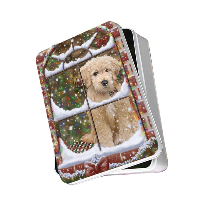 Please Come Home For Christmas Goldendoodle Dog Sitting In Window Photo Storage Tin PITN57545