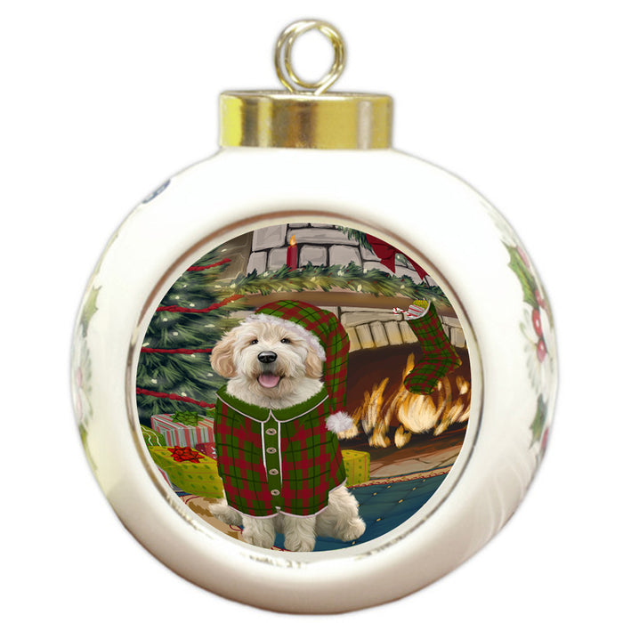 The Stocking was Hung Goldendoodle Dog Round Ball Christmas Ornament RBPOR55673