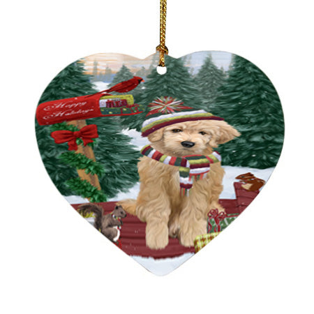 Merry Christmas Woodland Sled Goldendoodle Dog Heart Christmas Ornament HPOR55292