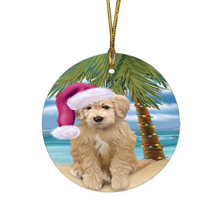 Summertime Happy Holidays Christmas Goldendoodle Dog on Tropical Island Beach Round Flat Christmas Ornament RFPOR54548