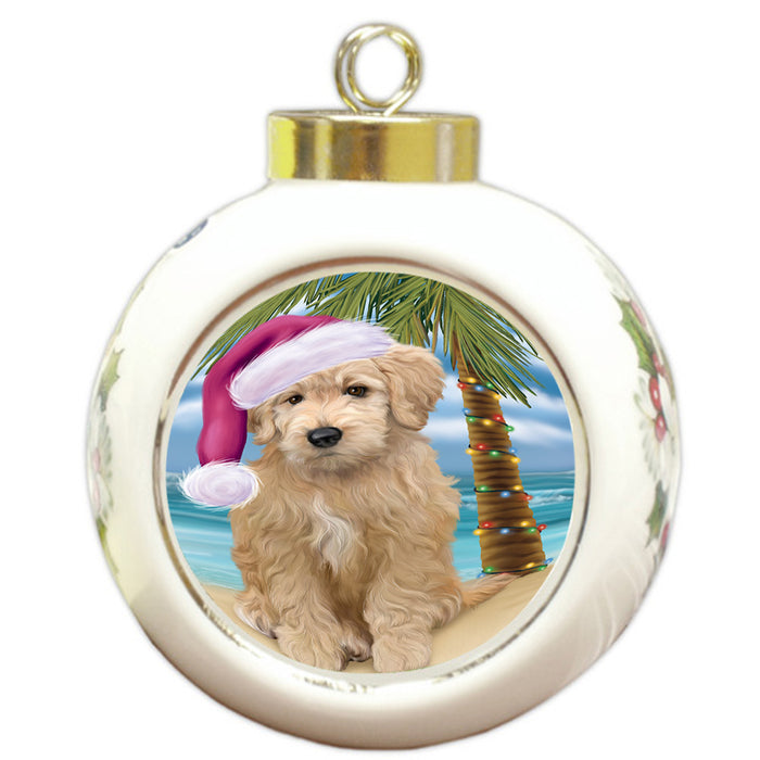 Summertime Happy Holidays Christmas Goldendoodle Dog on Tropical Island Beach Round Ball Christmas Ornament RBPOR54557