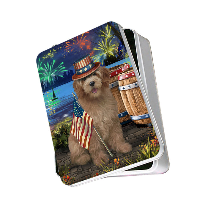 4th of July Independence Day Fireworks Goldendoodle Dog at the Lake Photo Storage Tin PITN51154