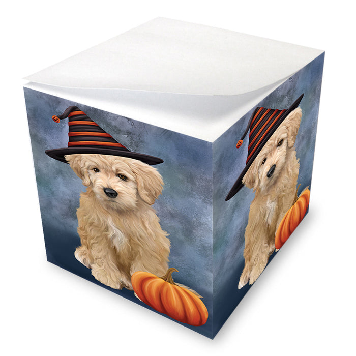 Happy Halloween Goldendoodle Dog Wearing Witch Hat with Pumpkin Note Cube NOC56373