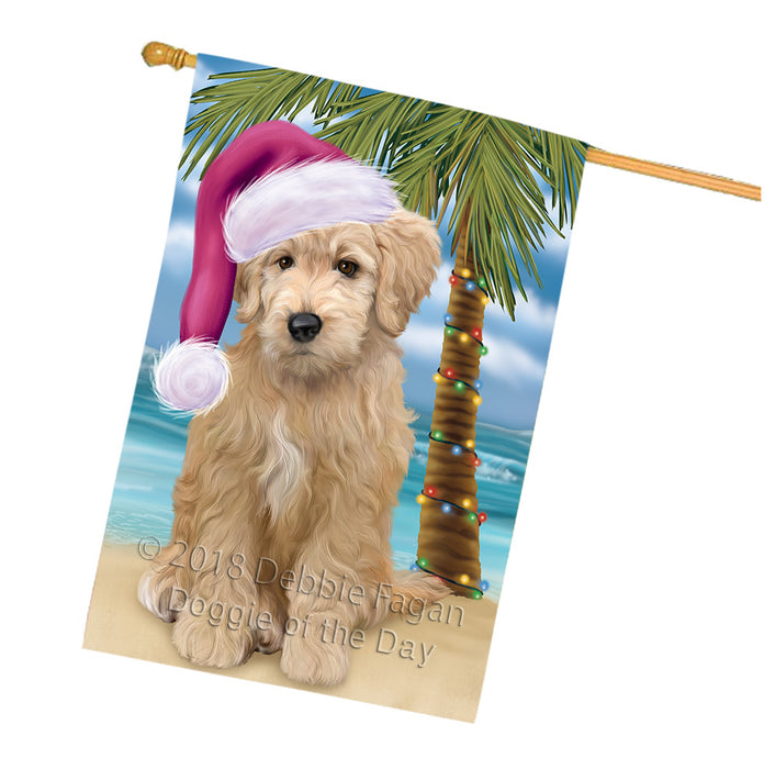 Summertime Happy Holidays Christmas Goldendoodle Dog on Tropical Island Beach House Flag FLG54755