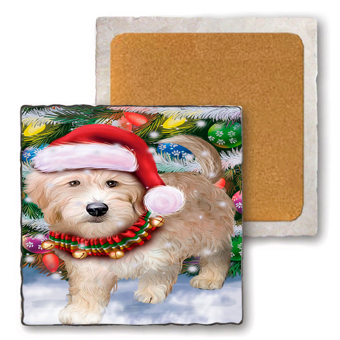 Trotting in the Snow Goldendoodle Dog Set of 4 Natural Stone Marble Tile Coasters MCST49582