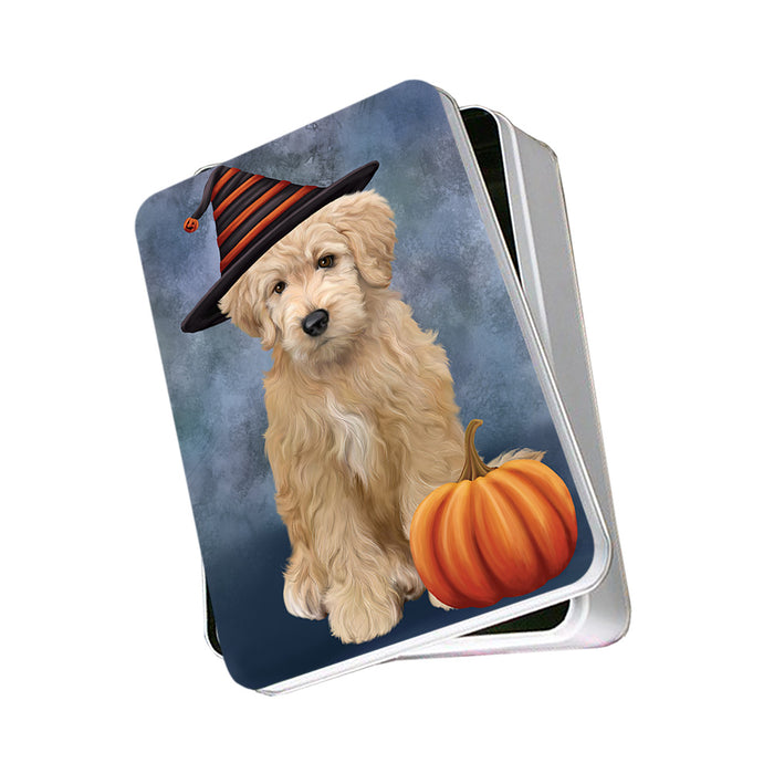 Happy Halloween Goldendoodle Dog Wearing Witch Hat with Pumpkin Photo Storage Tin PITN54670