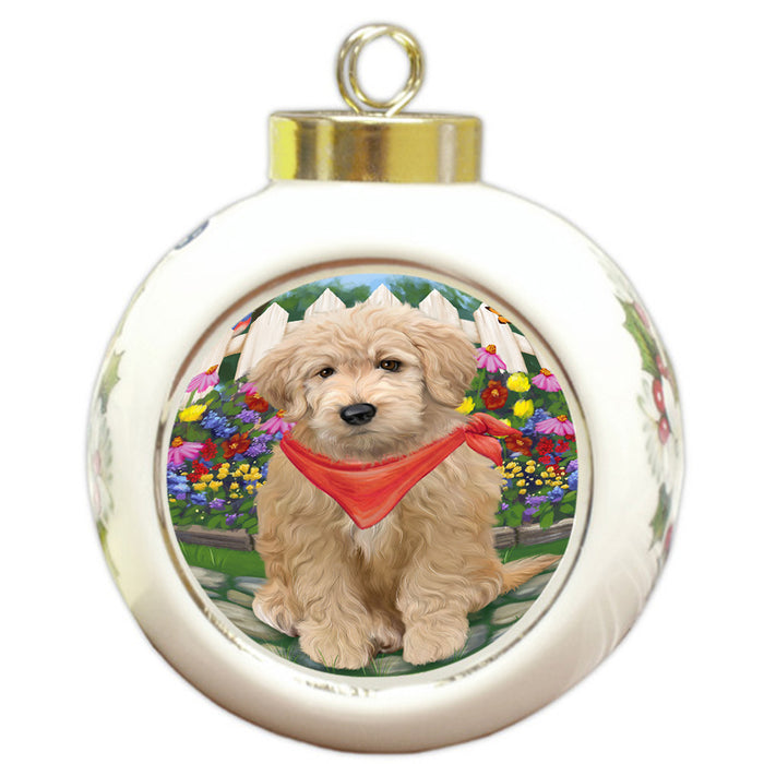 Spring Floral Goldendoodle Dog Round Ball Christmas Ornament RBPOR52256