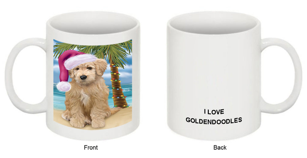 Summertime Happy Holidays Christmas Goldendoodle Dog on Tropical Island Beach Coffee Mug MUG49827