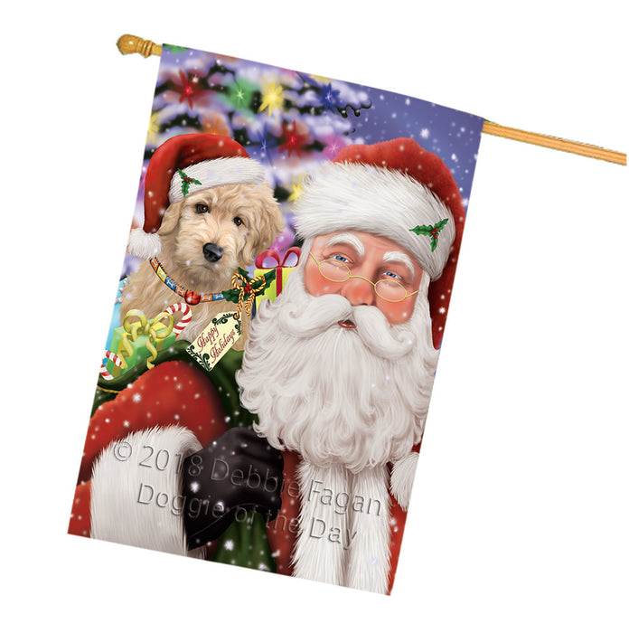 Santa Carrying Goldendoodle Dog and Christmas Presents House Flag FLG53885