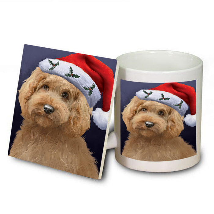 Christmas Holidays Goldendoodle Dog Wearing Santa Hat Portrait Head Mug and Coaster Set MUC53488