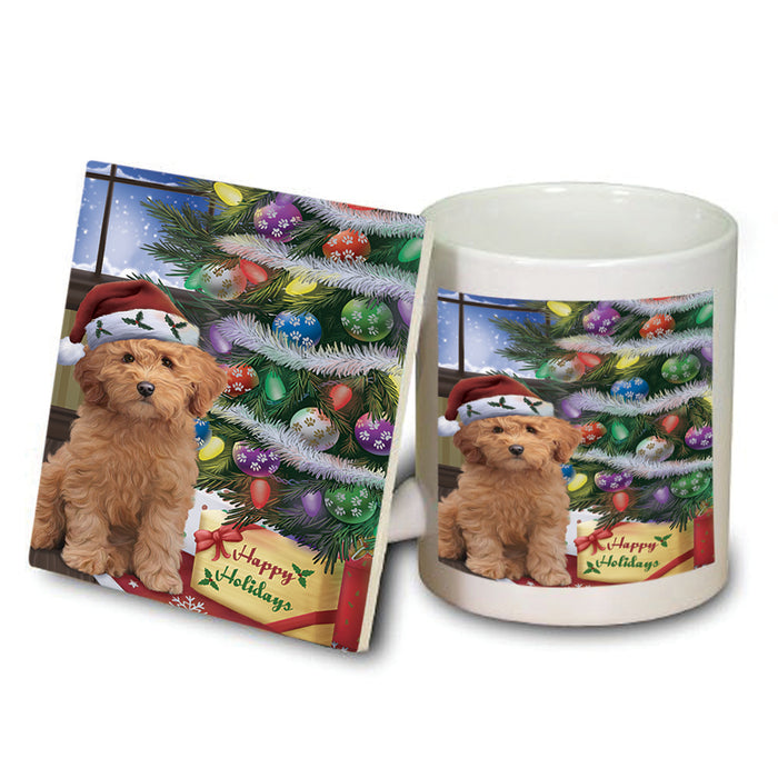 Christmas Happy Holidays Goldendoodle Dog with Tree and Presents Mug and Coaster Set MUC53449