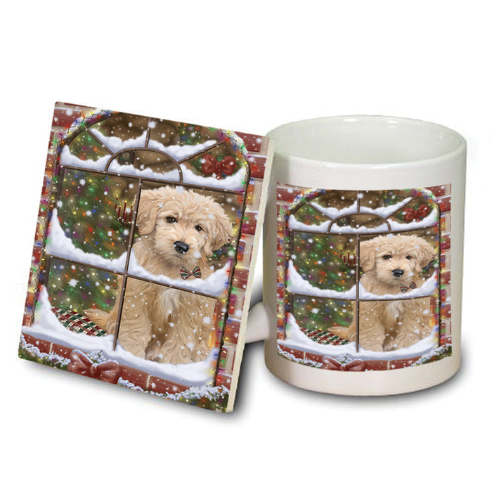 Please Come Home For Christmas Goldendoodle Dog Sitting In Window Mug and Coaster Set MUC53623