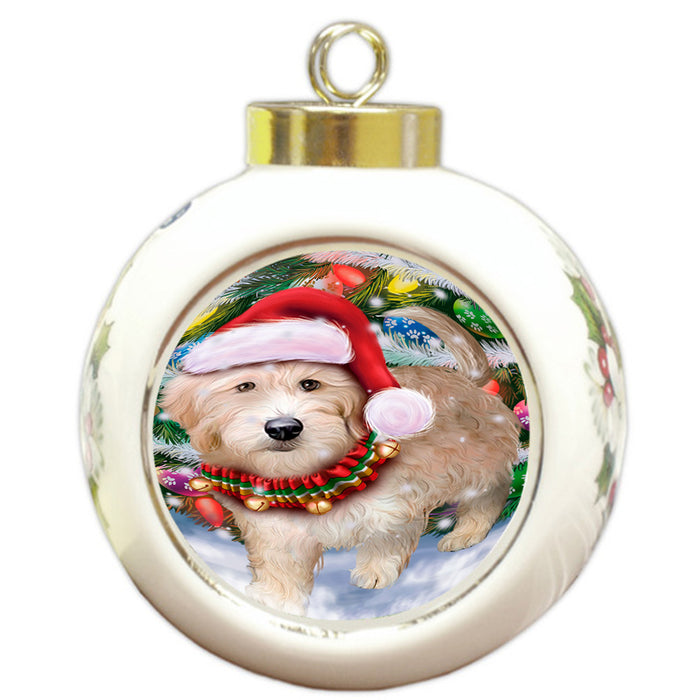 Trotting in the Snow Goldendoodle Dog Round Ball Christmas Ornament RBPOR54710