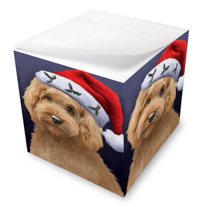 Christmas Holidays Goldendoodle Dog Wearing Santa Hat Portrait Head Note Cube NOC55142