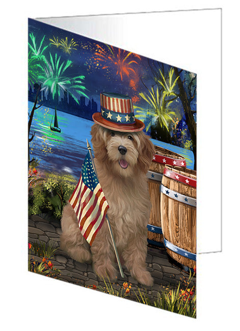 4th of July Independence Day Fireworks Goldendoodle Dog at the Lake Handmade Artwork Assorted Pets Greeting Cards and Note Cards with Envelopes for All Occasions and Holiday Seasons GCD57491