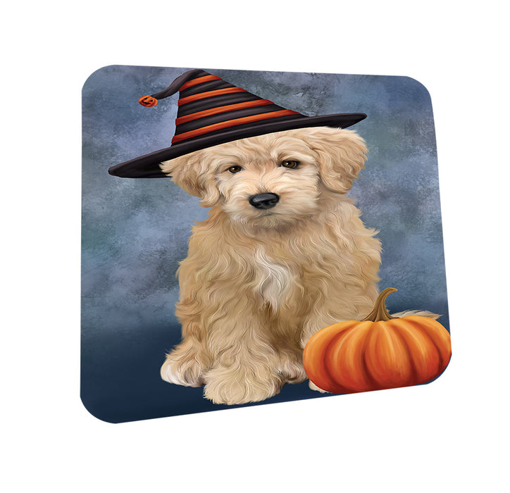Happy Halloween Goldendoodle Dog Wearing Witch Hat with Pumpkin Coasters Set of 4 CST54685