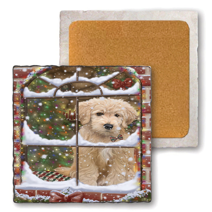 Please Come Home For Christmas Goldendoodle Dog Sitting In Window Set of 4 Natural Stone Marble Tile Coasters MCST48631