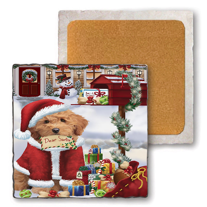Goldendoodle Dog Dear Santa Letter Christmas Holiday Mailbox Set of 4 Natural Stone Marble Tile Coasters MCST48538