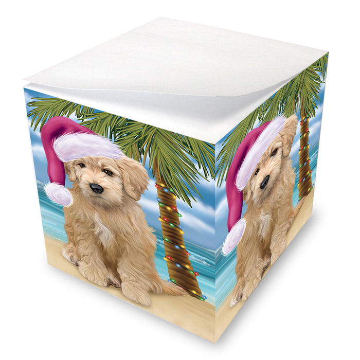 Summertime Happy Holidays Christmas Goldendoodle Dog on Tropical Island Beach Note Cube NOC56075