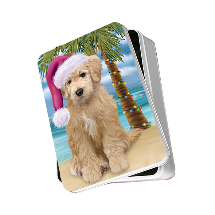 Summertime Happy Holidays Christmas Goldendoodle Dog on Tropical Island Beach Photo Storage Tin PITN54372