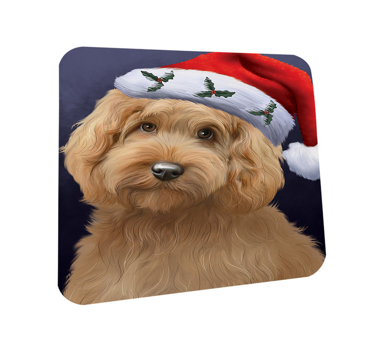 Christmas Holidays Goldendoodle Dog Wearing Santa Hat Portrait Head Coasters Set of 4 CST53454