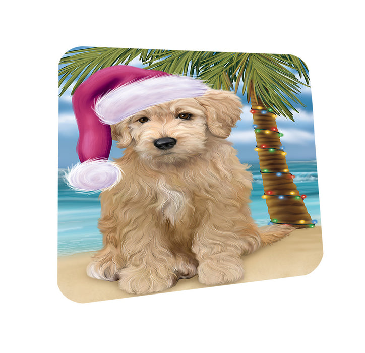 Summertime Happy Holidays Christmas Goldendoodle Dog on Tropical Island Beach Coasters Set of 4 CST54387
