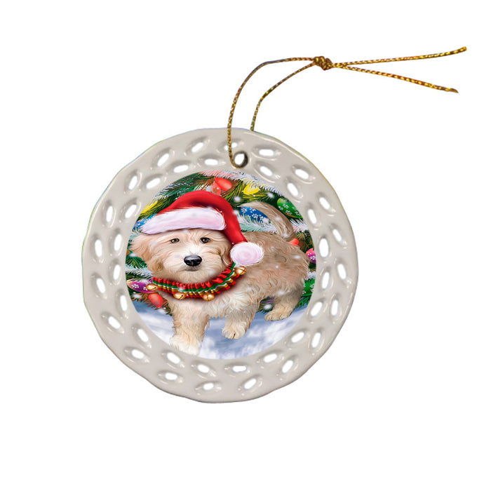 Trotting in the Snow Goldendoodle Dog Ceramic Doily Ornament DPOR54710