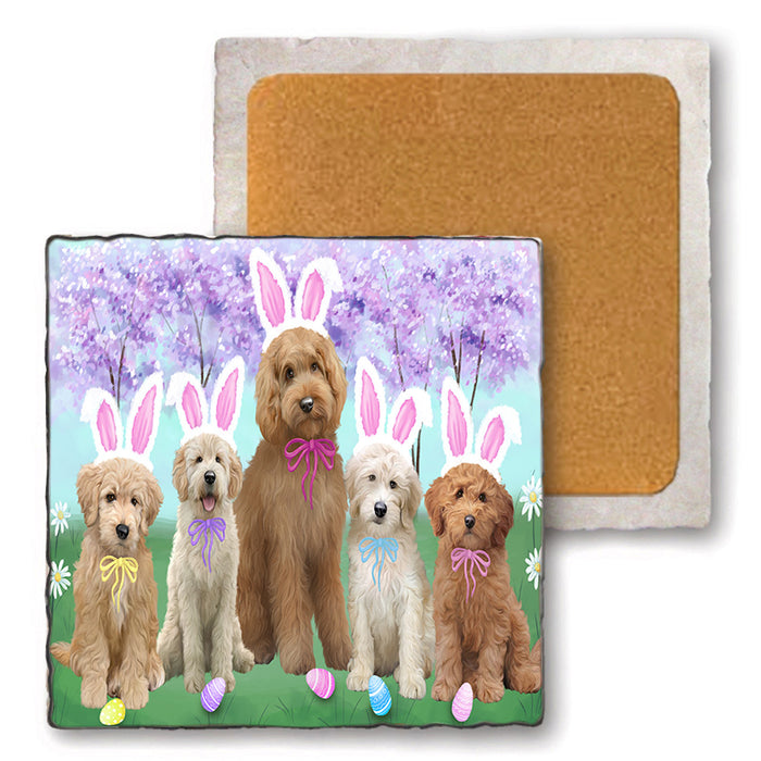 Easter Holiday Goldendoodles Dog Set of 4 Natural Stone Marble Tile Coasters MCST51900