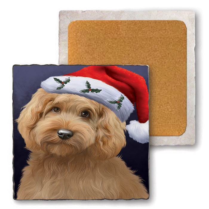 Christmas Holidays Goldendoodle Dog Wearing Santa Hat Portrait Head Set of 4 Natural Stone Marble Tile Coasters MCST48496