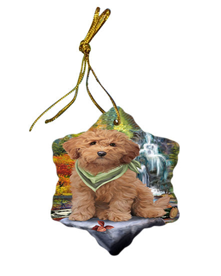 Scenic Waterfall Goldendoodle Dog Star Porcelain Ornament SPOR51882